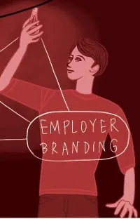 Illustration einer Person, die eine leuchtende Glühbirne hält, mit dem Schriftzug ‚Employer Branding‘ im Fokus – symbolisiert innovative Strategien für Rekrutierung und Unternehmenskultur.