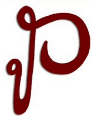 Stilisiertes Logo mit geschwungenem Buchstaben „P“ in dunkelroter Farbe.